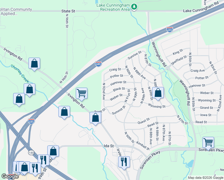 map of restaurants, bars, coffee shops, grocery stores, and more near 9146 Weber Street in Omaha