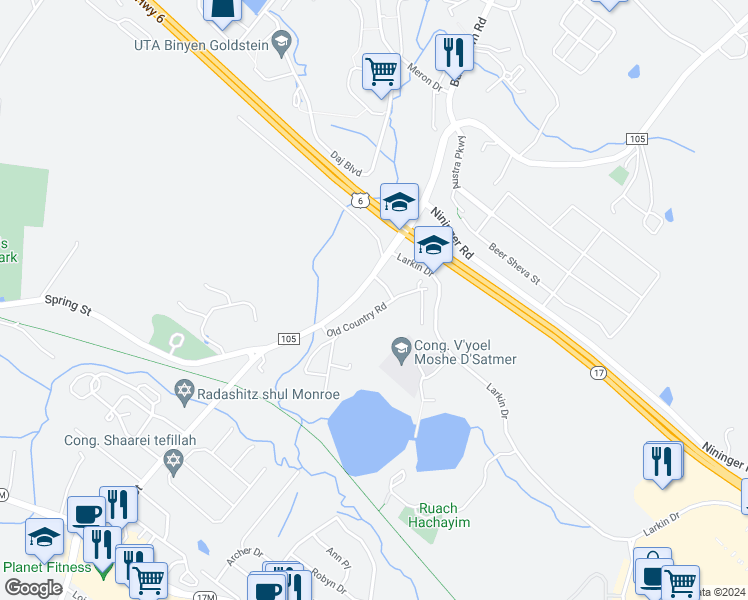 map of restaurants, bars, coffee shops, grocery stores, and more near 33 Old Country Road in Monroe