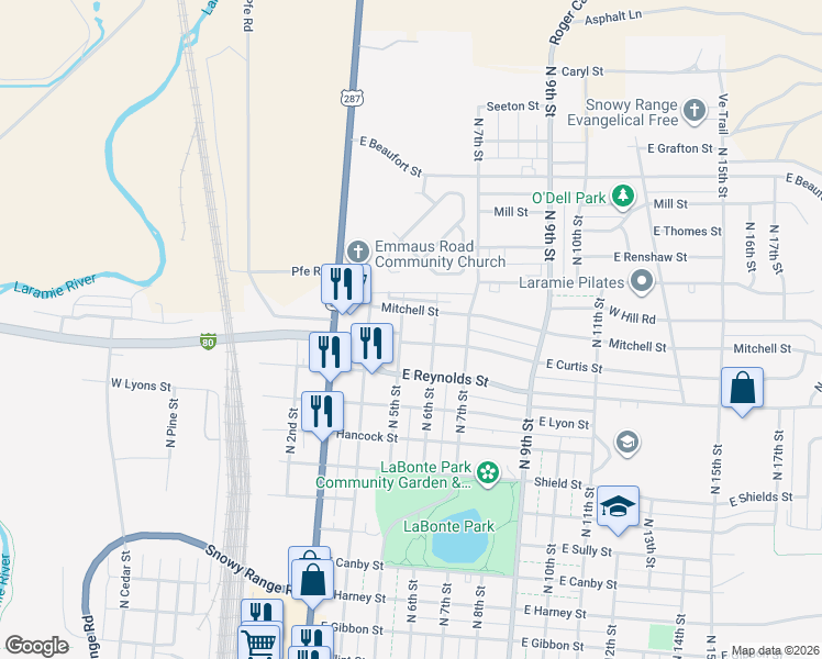 map of restaurants, bars, coffee shops, grocery stores, and more near 1575 North 4th Street in Laramie