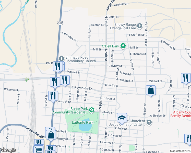 map of restaurants, bars, coffee shops, grocery stores, and more near 720 Mitchell Street in Laramie