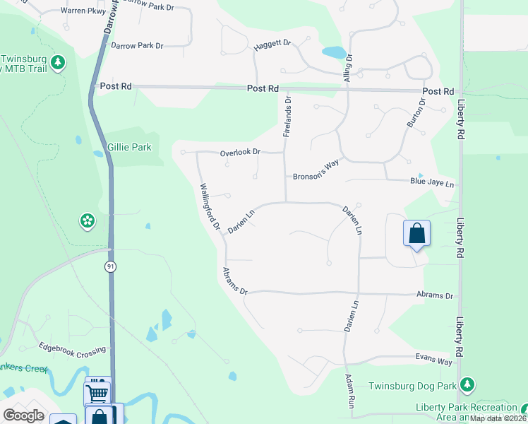 map of restaurants, bars, coffee shops, grocery stores, and more near 3045 Darien Lane in Twinsburg