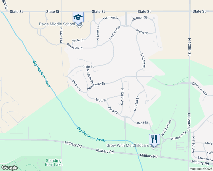 map of restaurants, bars, coffee shops, grocery stores, and more near 12809 Deer Creek Drive in Omaha