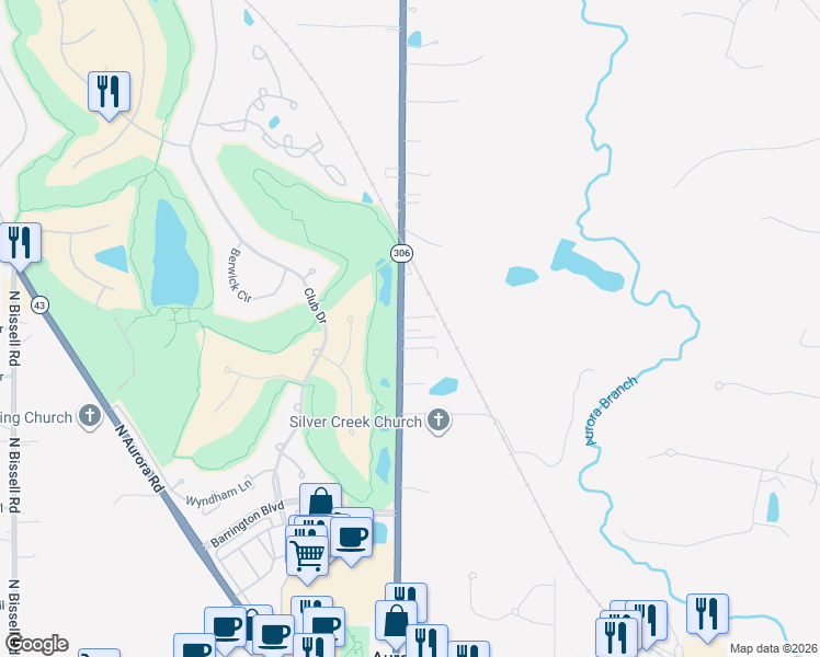 map of restaurants, bars, coffee shops, grocery stores, and more near 398 North Chillicothe Road in Aurora