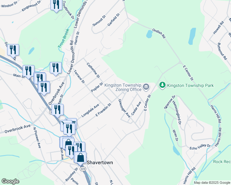 map of restaurants, bars, coffee shops, grocery stores, and more near 201 Goeringer Avenue in Shavertown