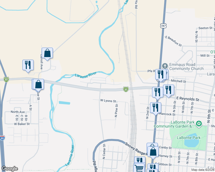 map of restaurants, bars, coffee shops, grocery stores, and more near 17 West Mitchell Street in Laramie