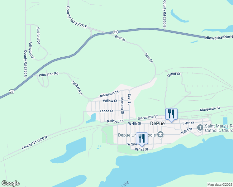 map of restaurants, bars, coffee shops, grocery stores, and more near 612 Princeton Street in DePue