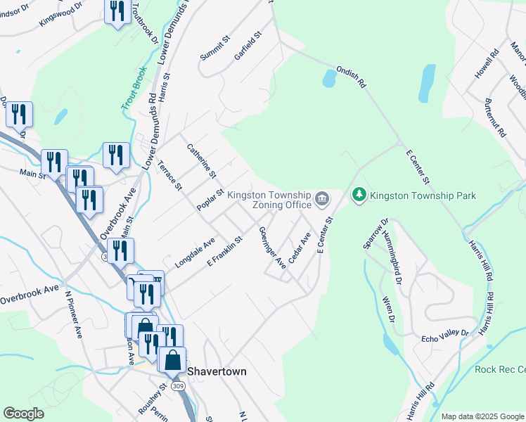 map of restaurants, bars, coffee shops, grocery stores, and more near 124 East Franklin Street in Shavertown