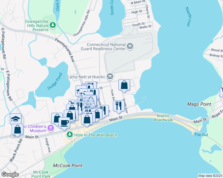 map of restaurants, bars, coffee shops, grocery stores, and more near 36 Lincoln Street in East Lyme