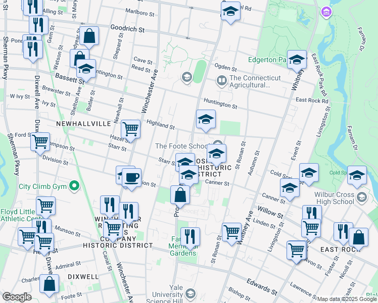 map of restaurants, bars, coffee shops, grocery stores, and more near 584 Prospect Street in New Haven