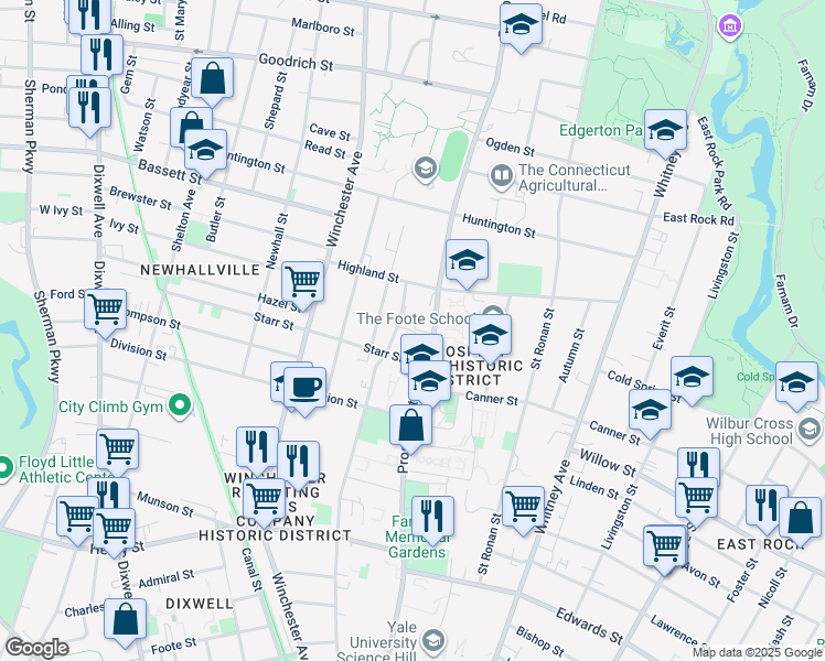 map of restaurants, bars, coffee shops, grocery stores, and more near 584 Prospect Street in New Haven