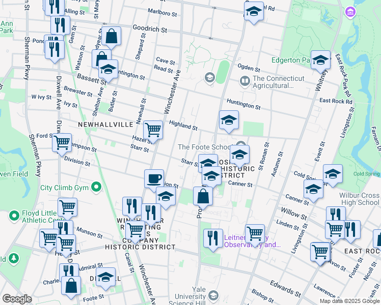 map of restaurants, bars, coffee shops, grocery stores, and more near 45 Sheldon Terrace in New Haven