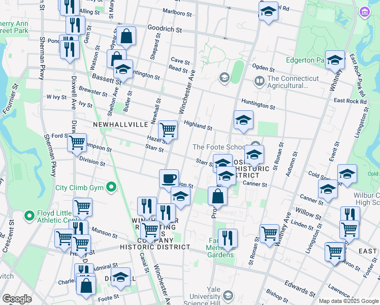 map of restaurants, bars, coffee shops, grocery stores, and more near 144 Sheffield Avenue in New Haven