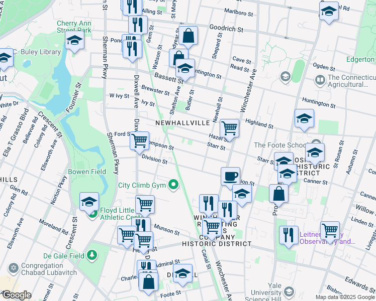 map of restaurants, bars, coffee shops, grocery stores, and more near 254 Starr Street in New Haven