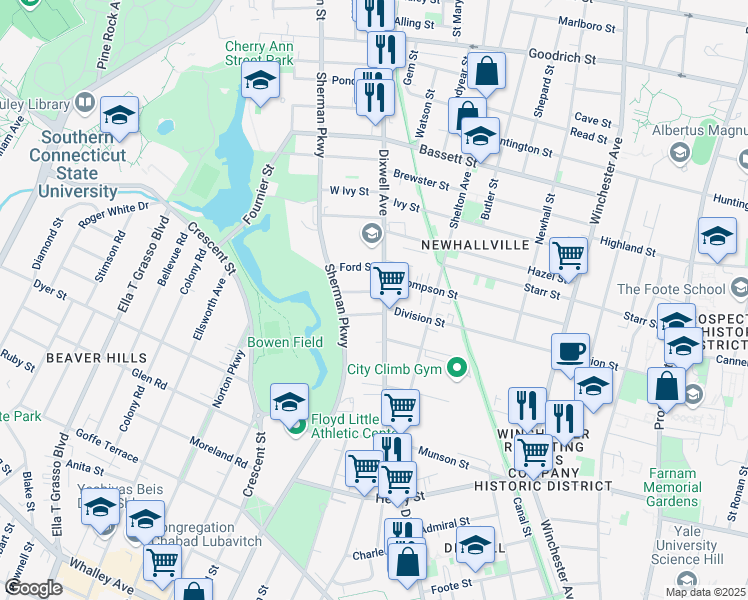 map of restaurants, bars, coffee shops, grocery stores, and more near 16 Ford Street in New Haven