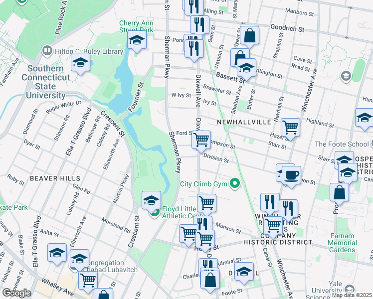 map of restaurants, bars, coffee shops, grocery stores, and more near 16 Ford Street in New Haven