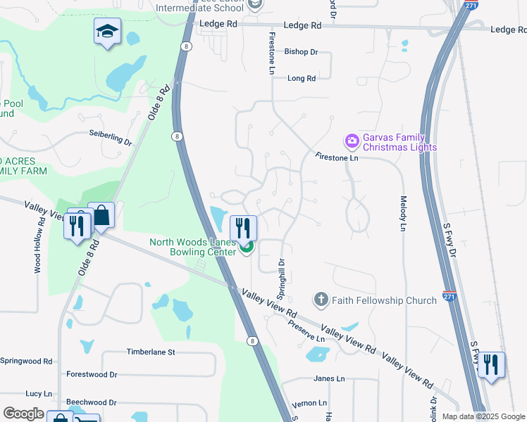 map of restaurants, bars, coffee shops, grocery stores, and more near 285 Huntsford Drive in Macedonia