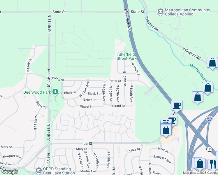 map of restaurants, bars, coffee shops, grocery stores, and more near 10828 Potter Street in Omaha