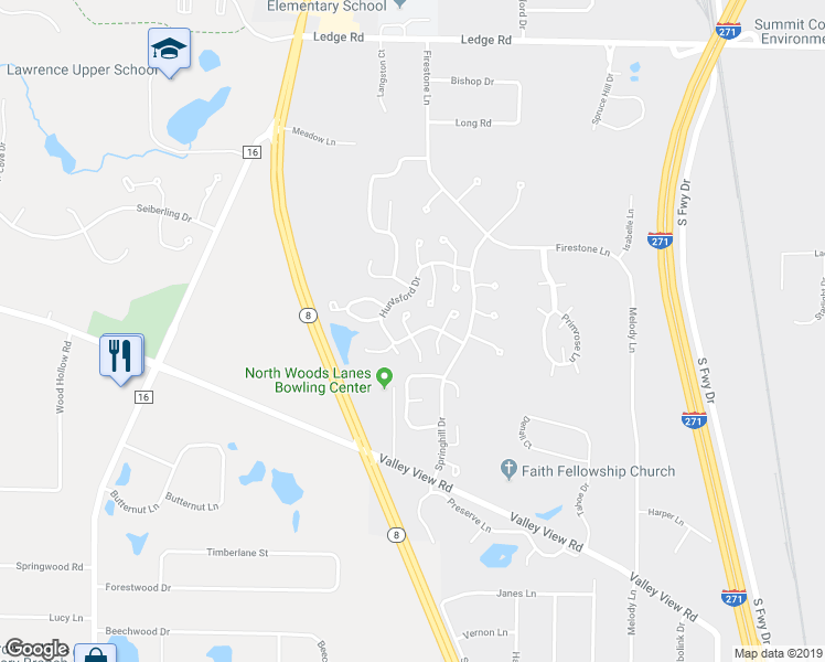 map of restaurants, bars, coffee shops, grocery stores, and more near 8589 Wrenford Court in Macedonia