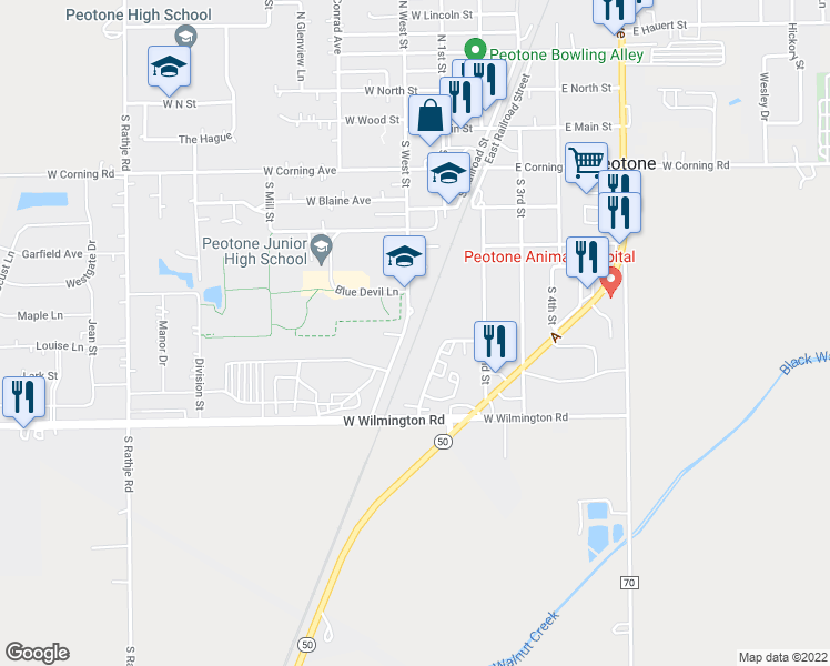 map of restaurants, bars, coffee shops, grocery stores, and more near 596 South West Street in Peotone