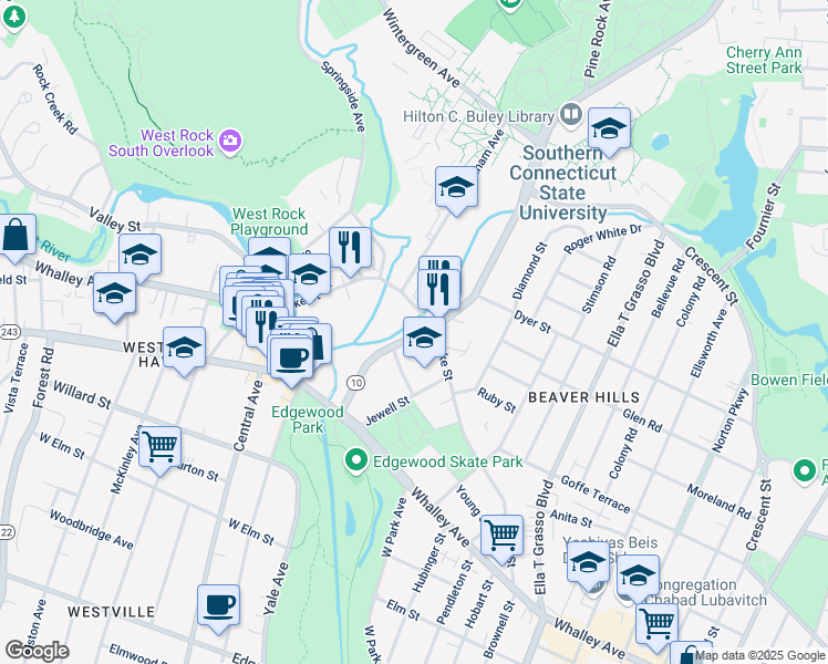 map of restaurants, bars, coffee shops, grocery stores, and more near 154 Fitch Street in New Haven