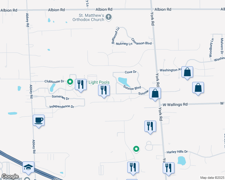 map of restaurants, bars, coffee shops, grocery stores, and more near 9811 Sunrise Boulevard in North Royalton