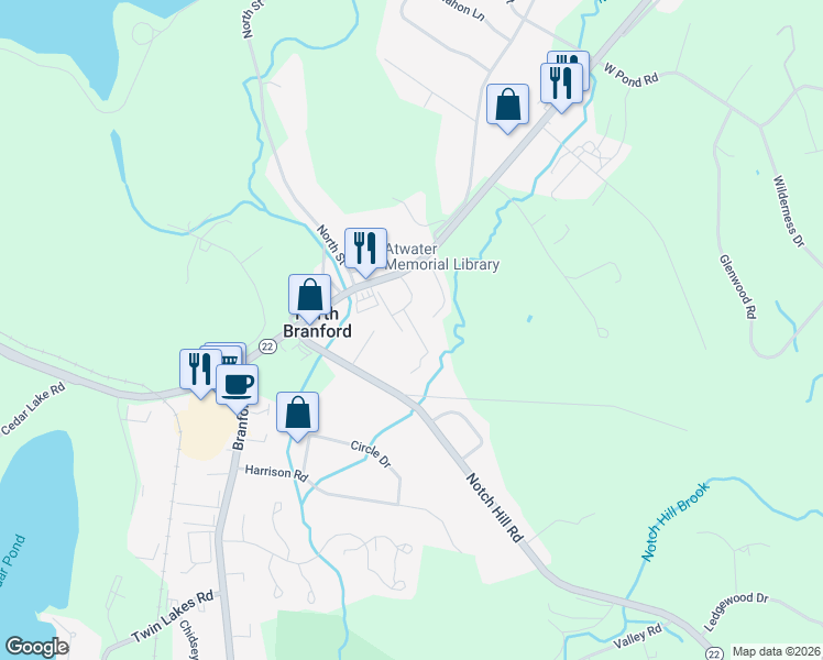 map of restaurants, bars, coffee shops, grocery stores, and more near 1739 Foxon Road in North Branford