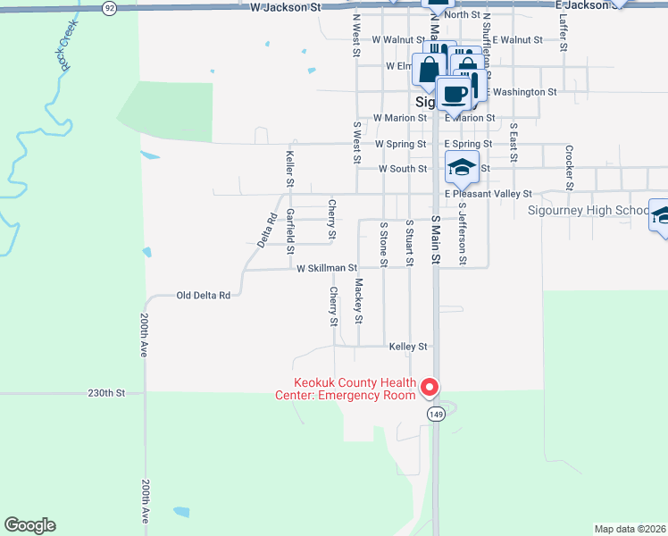 map of restaurants, bars, coffee shops, grocery stores, and more near 801 Cherry Street in Sigourney