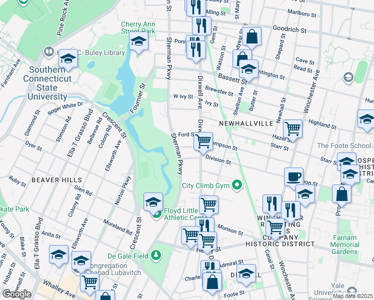 map of restaurants, bars, coffee shops, grocery stores, and more near 28 Harding Place in New Haven