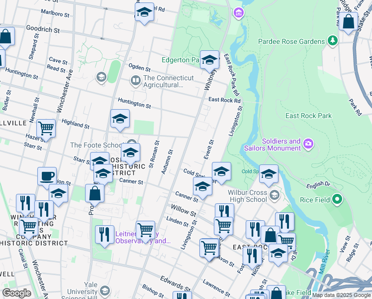 map of restaurants, bars, coffee shops, grocery stores, and more near 633 Whitney Avenue in New Haven