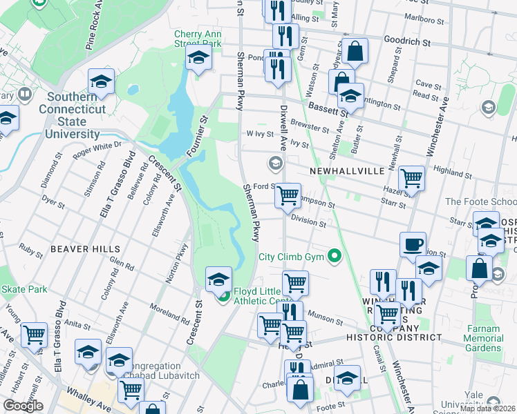 map of restaurants, bars, coffee shops, grocery stores, and more near 38 Ford Street in New Haven