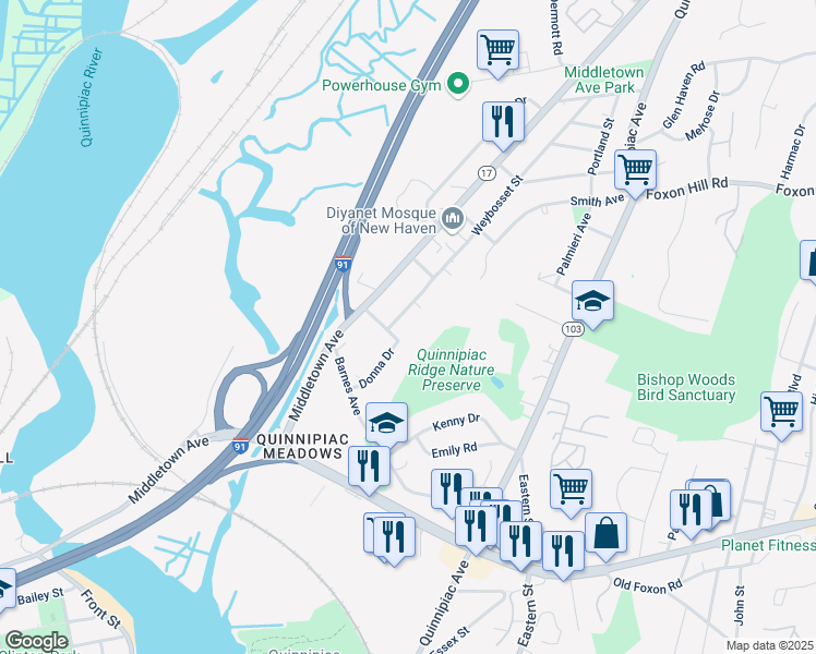 map of restaurants, bars, coffee shops, grocery stores, and more near 41 Weybosset Street in New Haven