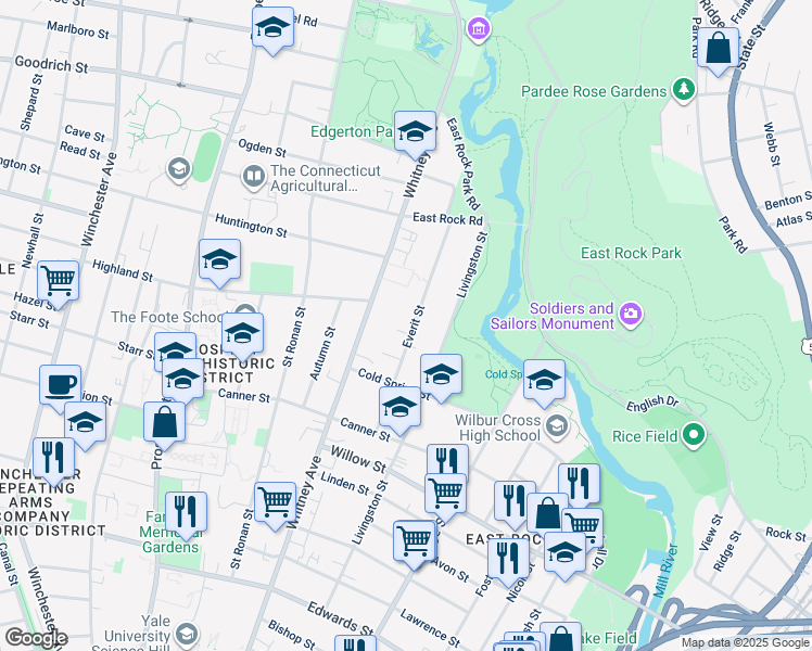 map of restaurants, bars, coffee shops, grocery stores, and more near 140 Everit Street in New Haven