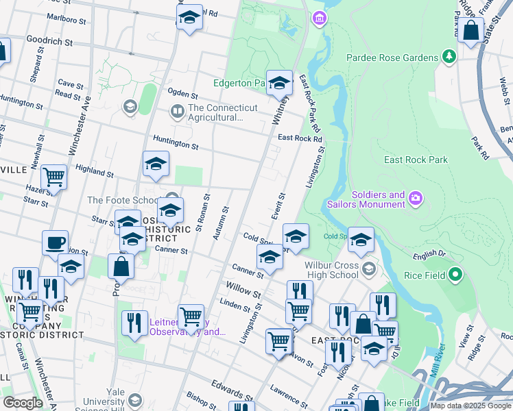 map of restaurants, bars, coffee shops, grocery stores, and more near 633 Whitney Avenue in New Haven