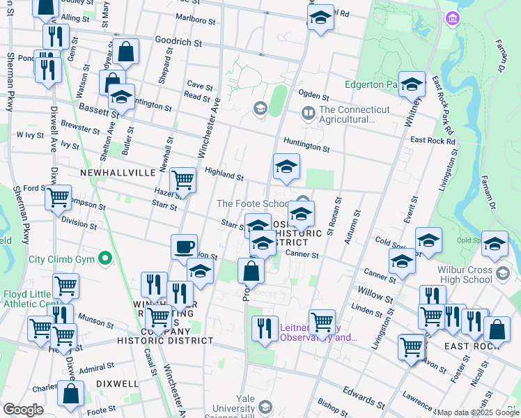 map of restaurants, bars, coffee shops, grocery stores, and more near 584 Prospect Street in New Haven