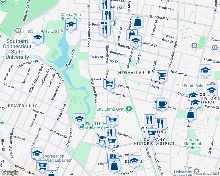map of restaurants, bars, coffee shops, grocery stores, and more near 185 Thompson Street in New Haven