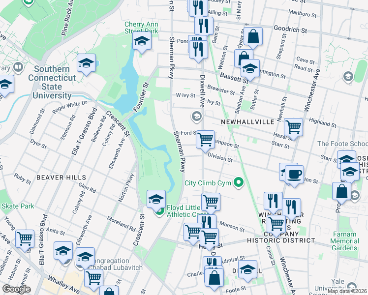 map of restaurants, bars, coffee shops, grocery stores, and more near 38 Ford Street in New Haven