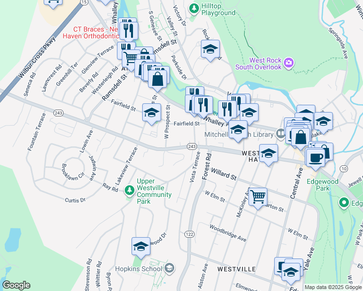 map of restaurants, bars, coffee shops, grocery stores, and more near 345 Fountain Street in New Haven