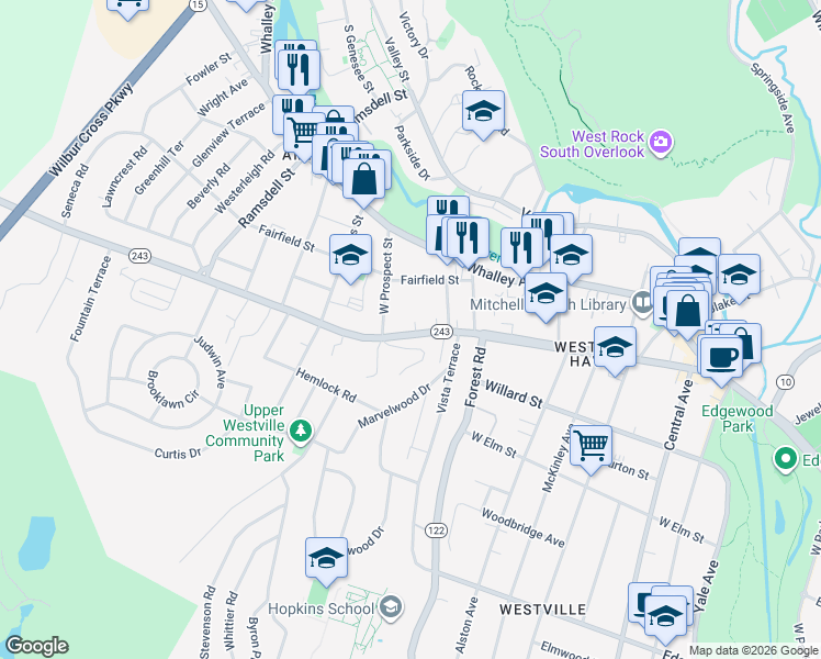 map of restaurants, bars, coffee shops, grocery stores, and more near 345 Fountain Street in New Haven