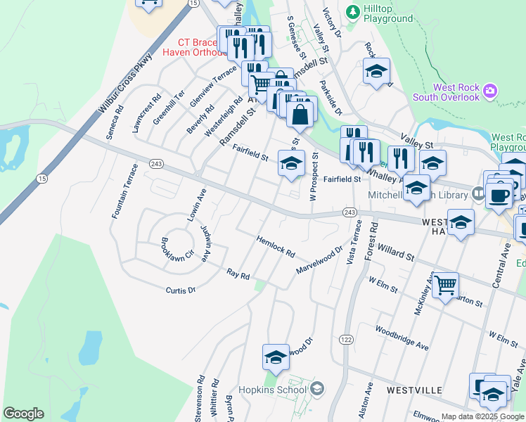 map of restaurants, bars, coffee shops, grocery stores, and more near 455 Fountain Street in New Haven
