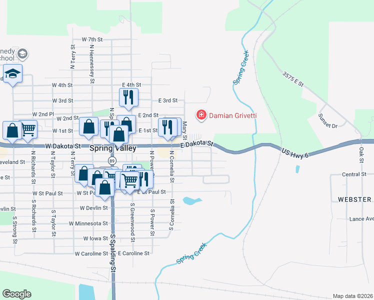 map of restaurants, bars, coffee shops, grocery stores, and more near 601 East Dakota Street in Spring Valley