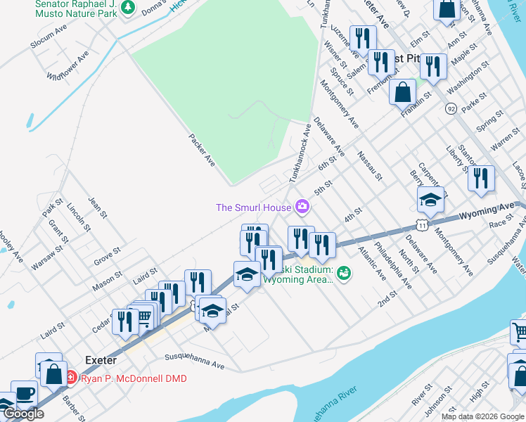 map of restaurants, bars, coffee shops, grocery stores, and more near 810 Tunkhannock Ave in Exeter