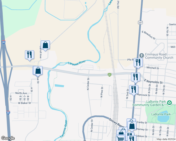 map of restaurants, bars, coffee shops, grocery stores, and more near 17 West Mitchell Street in Laramie