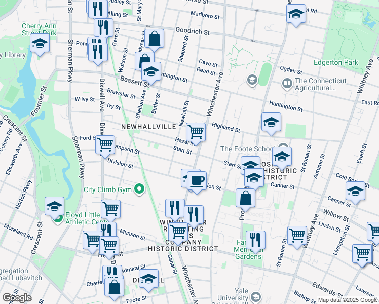 map of restaurants, bars, coffee shops, grocery stores, and more near Starr Street in New Haven