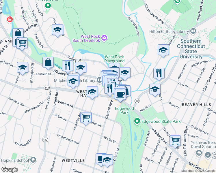 map of restaurants, bars, coffee shops, grocery stores, and more near 918 Whalley Avenue in New Haven