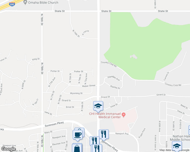 map of restaurants, bars, coffee shops, grocery stores, and more near 7511 North 73rd Circle in Omaha