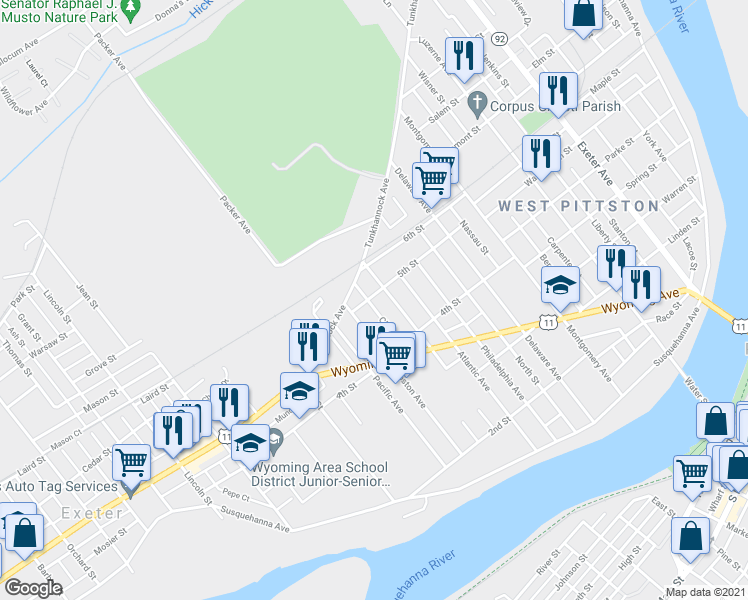 map of restaurants, bars, coffee shops, grocery stores, and more near 324 Chase Street in Pittston