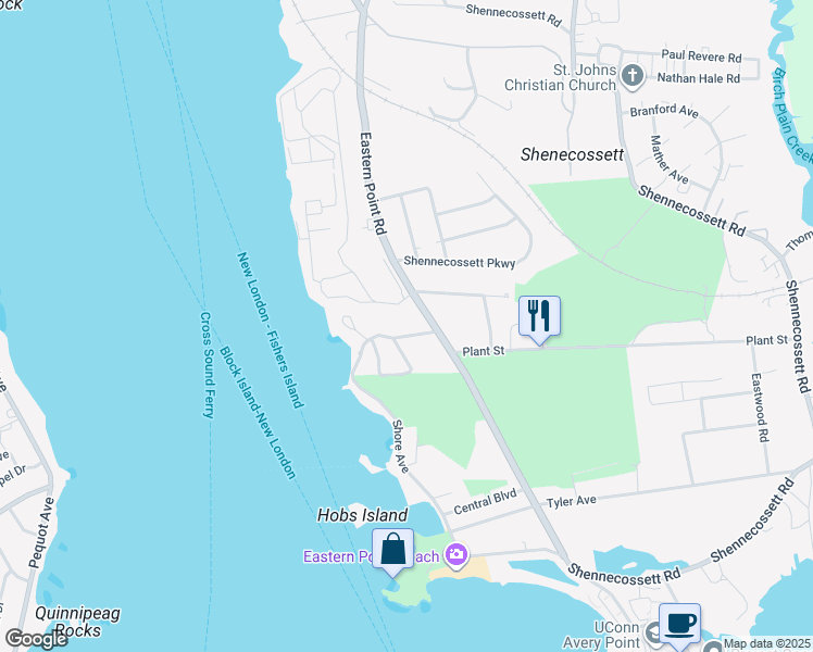 map of restaurants, bars, coffee shops, grocery stores, and more near 7 Eastern Point Road in Groton