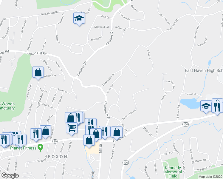 map of restaurants, bars, coffee shops, grocery stores, and more near 14 Cedar Court in East Haven