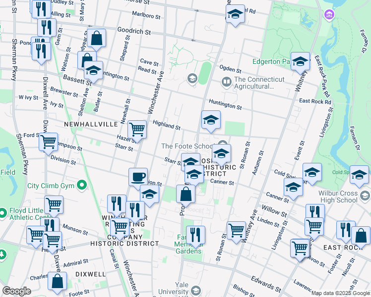 map of restaurants, bars, coffee shops, grocery stores, and more near 584 Prospect Street in New Haven