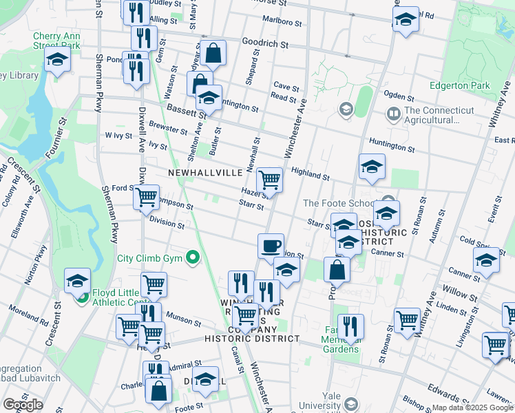 map of restaurants, bars, coffee shops, grocery stores, and more near 151 Newhall Street in New Haven
